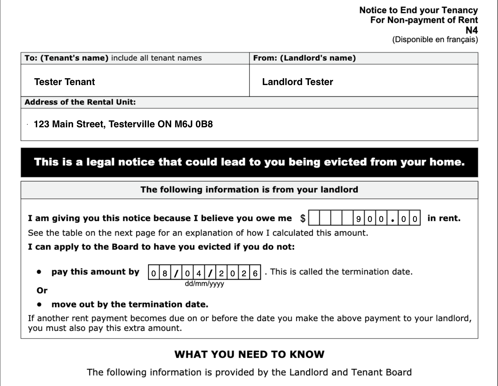 Sample of a completed Ontario N4 form generated by EasyServe with annotated termination date, rent owing, and signature fields